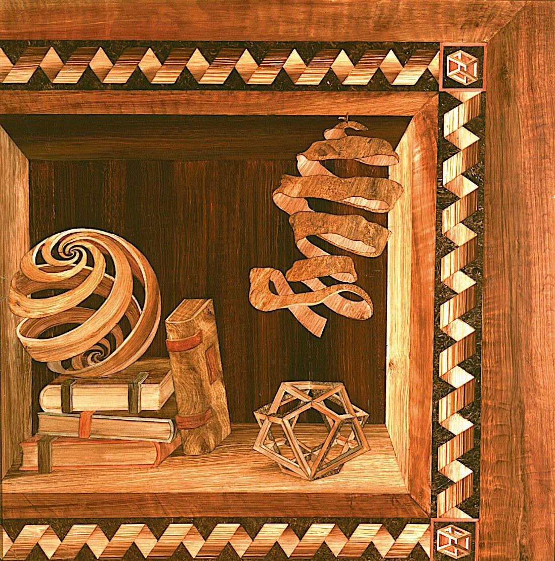 A picture of a wooden shelf with various objects on it.