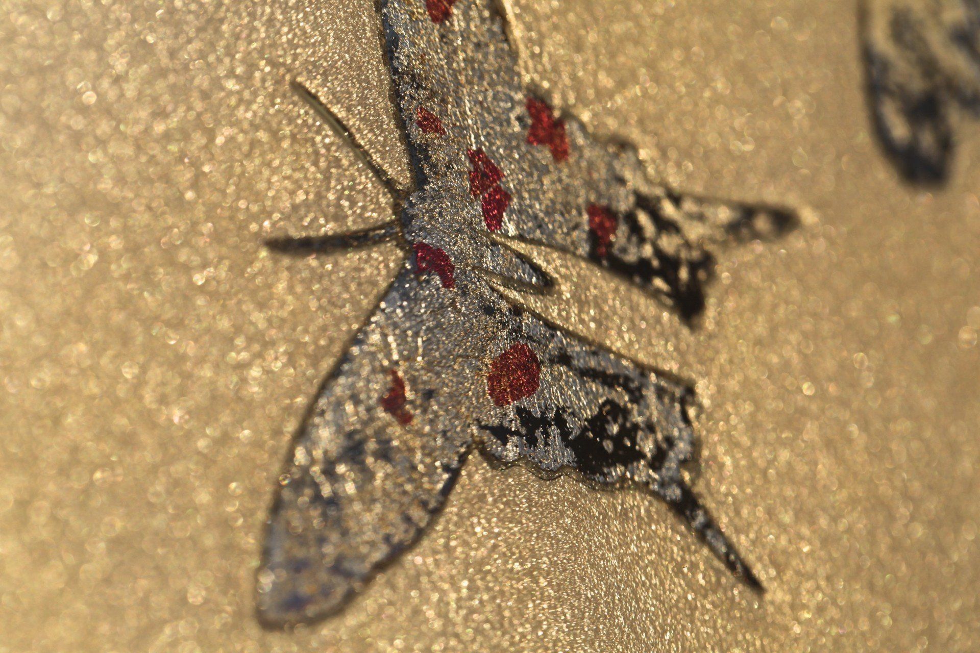 A close up of a butterfly on a gold surface.