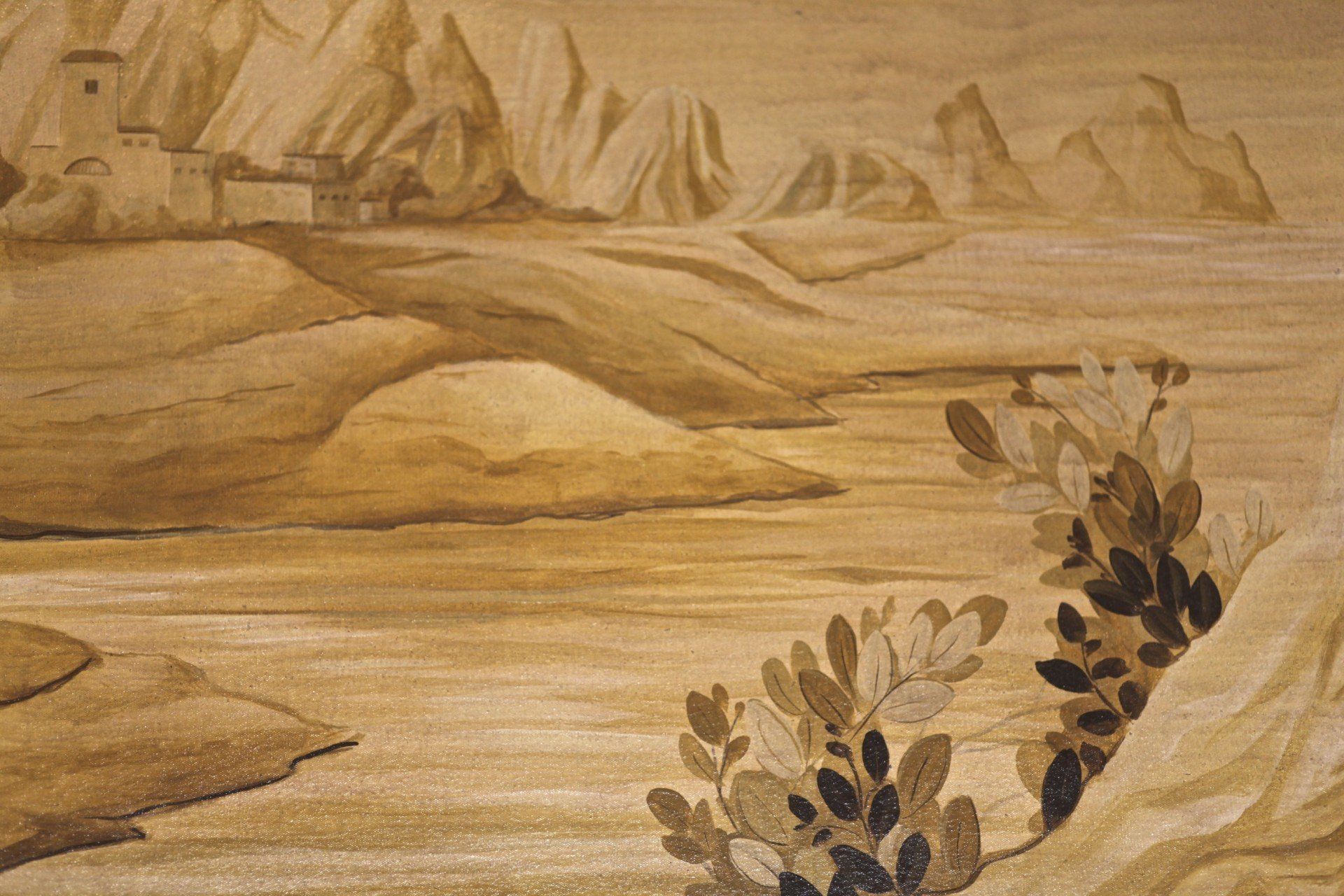 A close up of a painting of a landscape with mountains in the background.