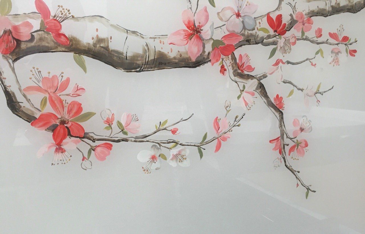 A painting of a cherry blossom tree branch with pink flowers on a white background.