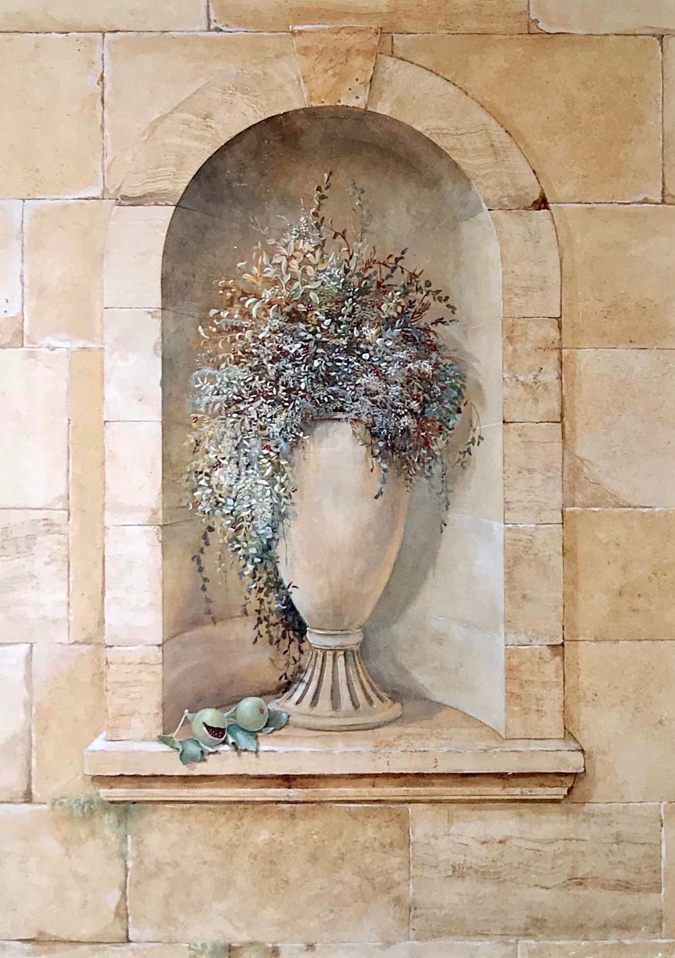 A painting of a vase filled with flowers on a stone wall.