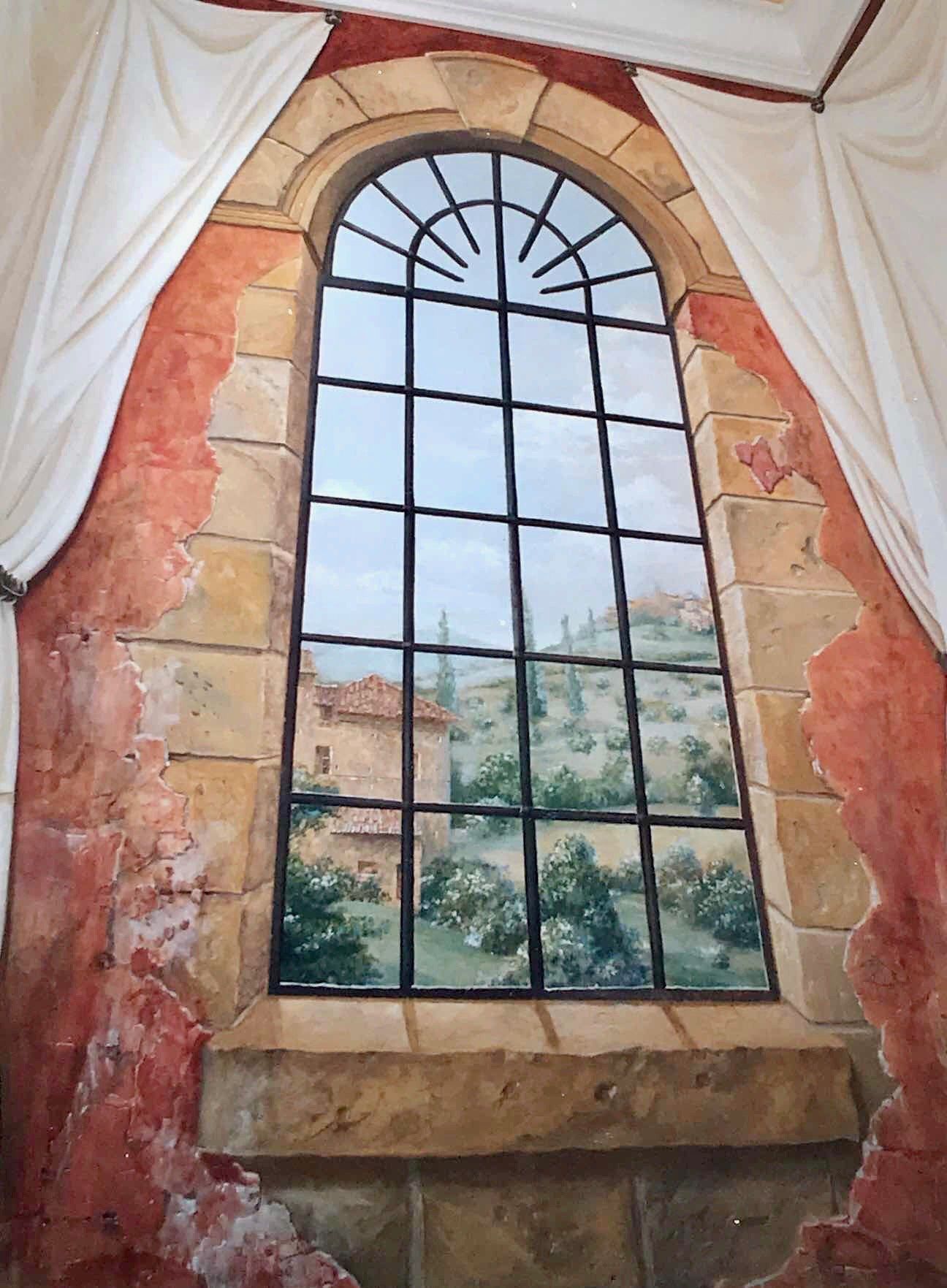 A painting of a window with a view of a landscape