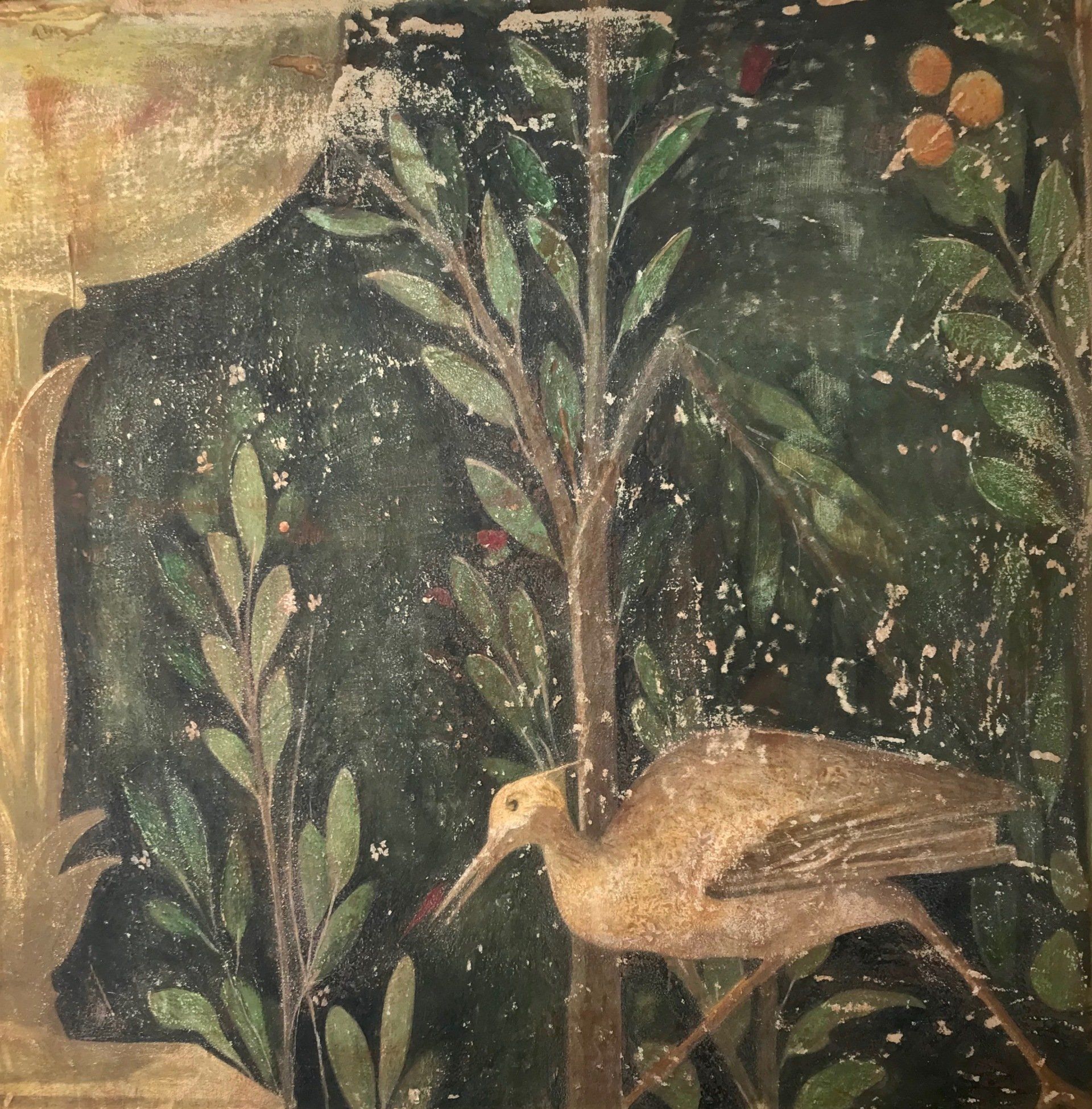 A painting of a bird standing next to a tree