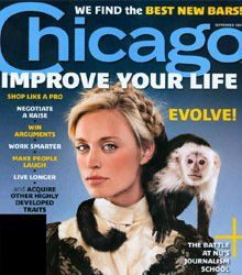 A woman is holding a monkey on the cover of a magazine called chicago improve your life