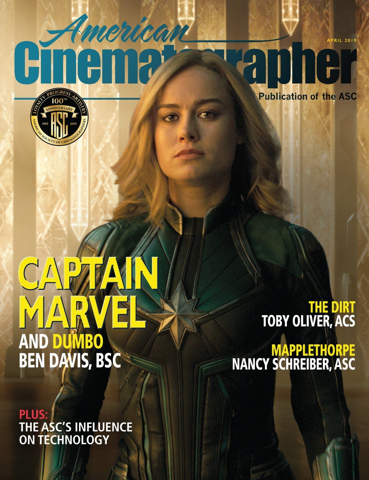 Captain marvel is on the cover of an american cinematographer magazine
