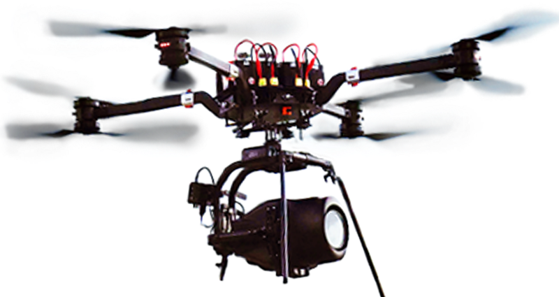 A drone with a camera attached to it is flying in the air.