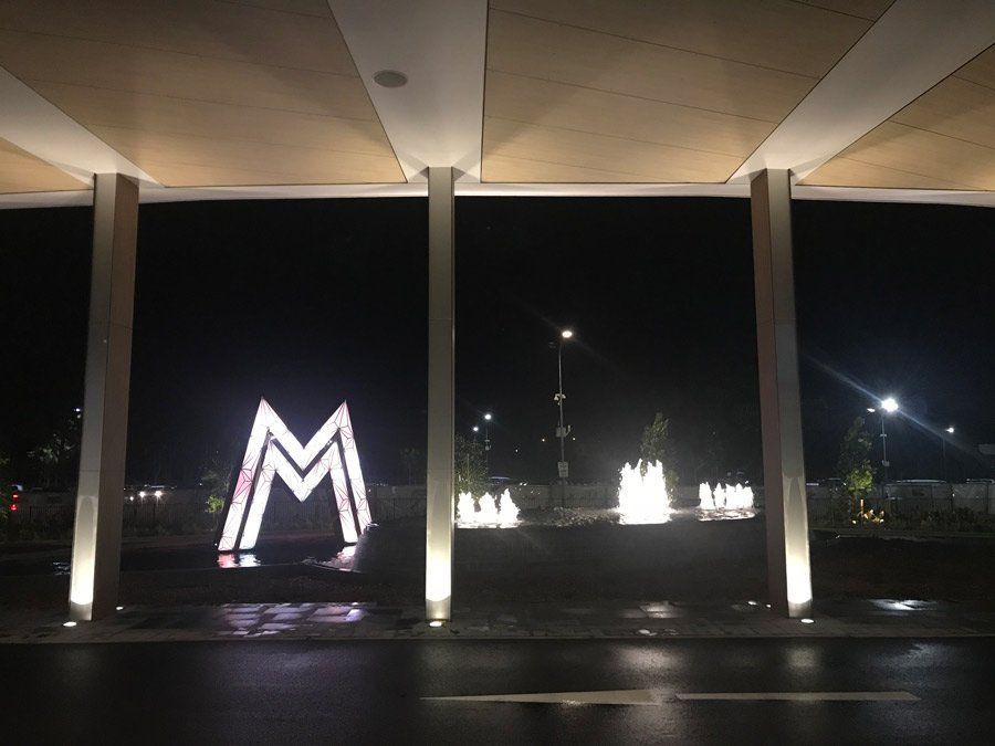 sign and fountain