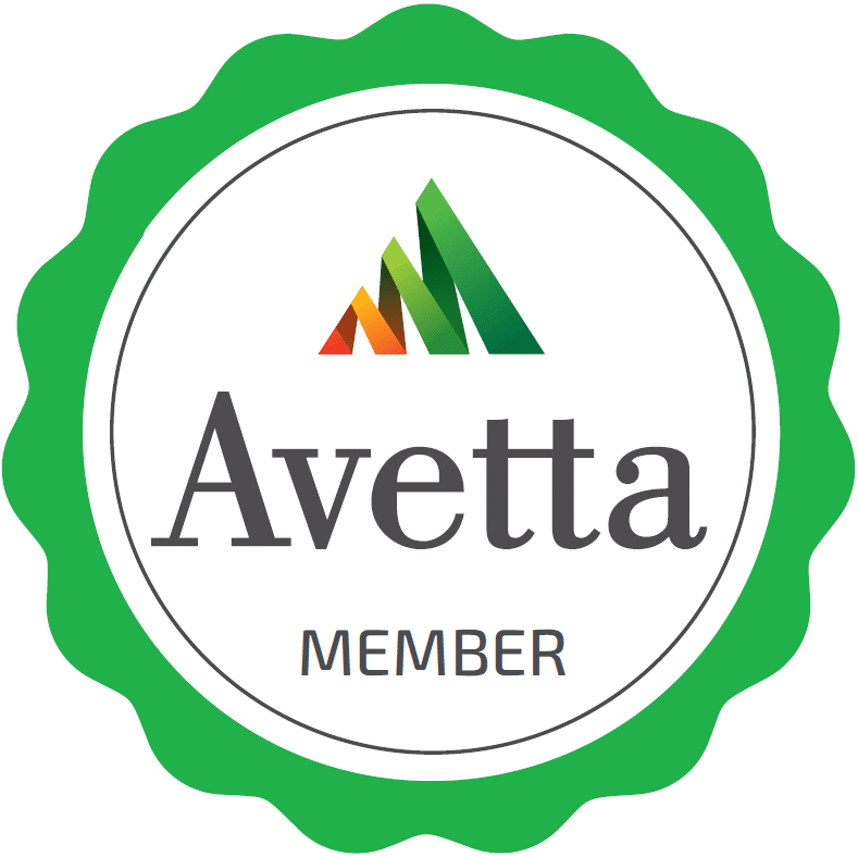Avetta Member badge with green scalloped border and logo of ascending color blocks.