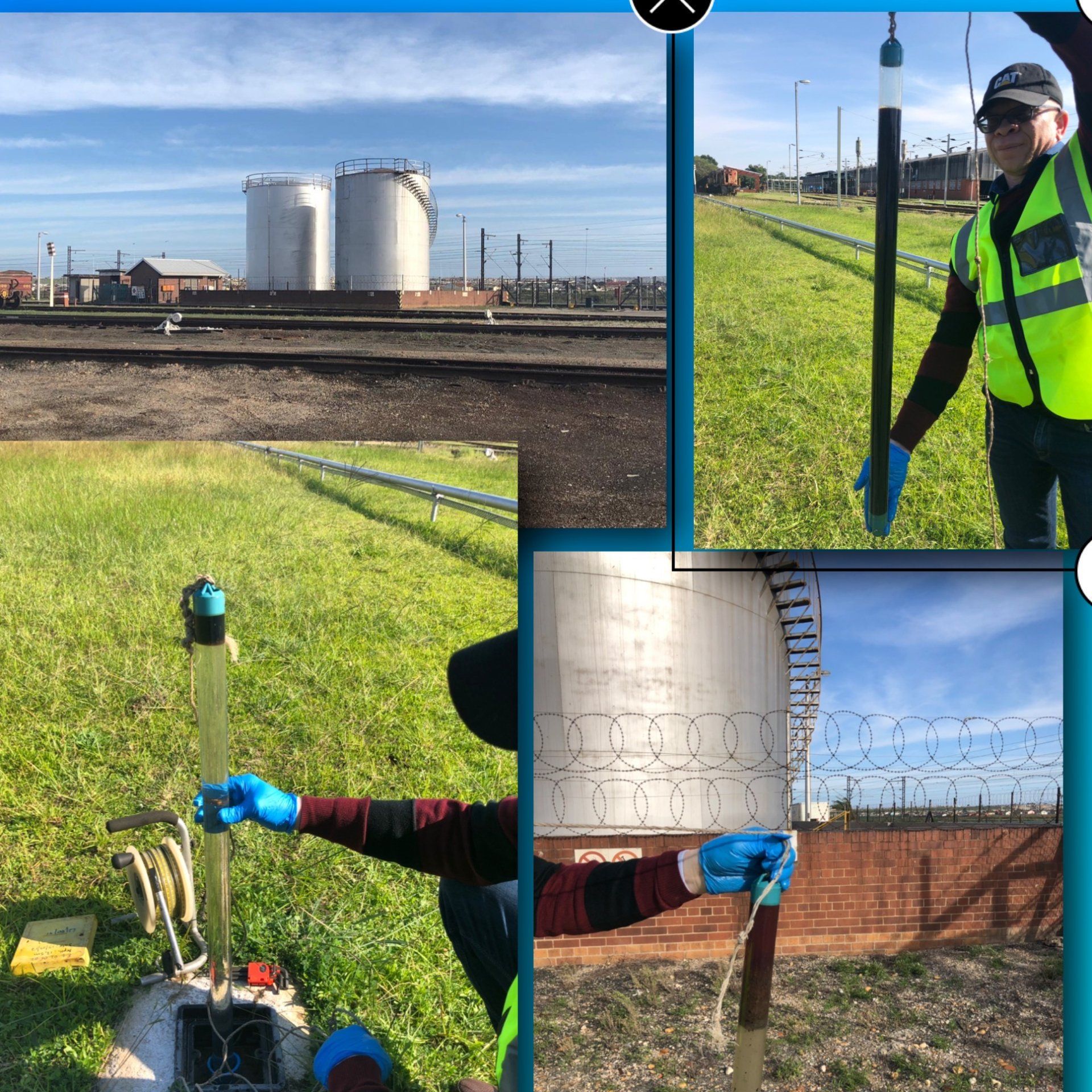 Four photos: person taking soil samples near industrial tanks and train tracks.