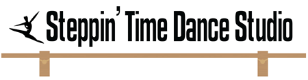 Steppin’ Time Dance Studio logo in black text with a dancer silhouette and tan barre line on white background