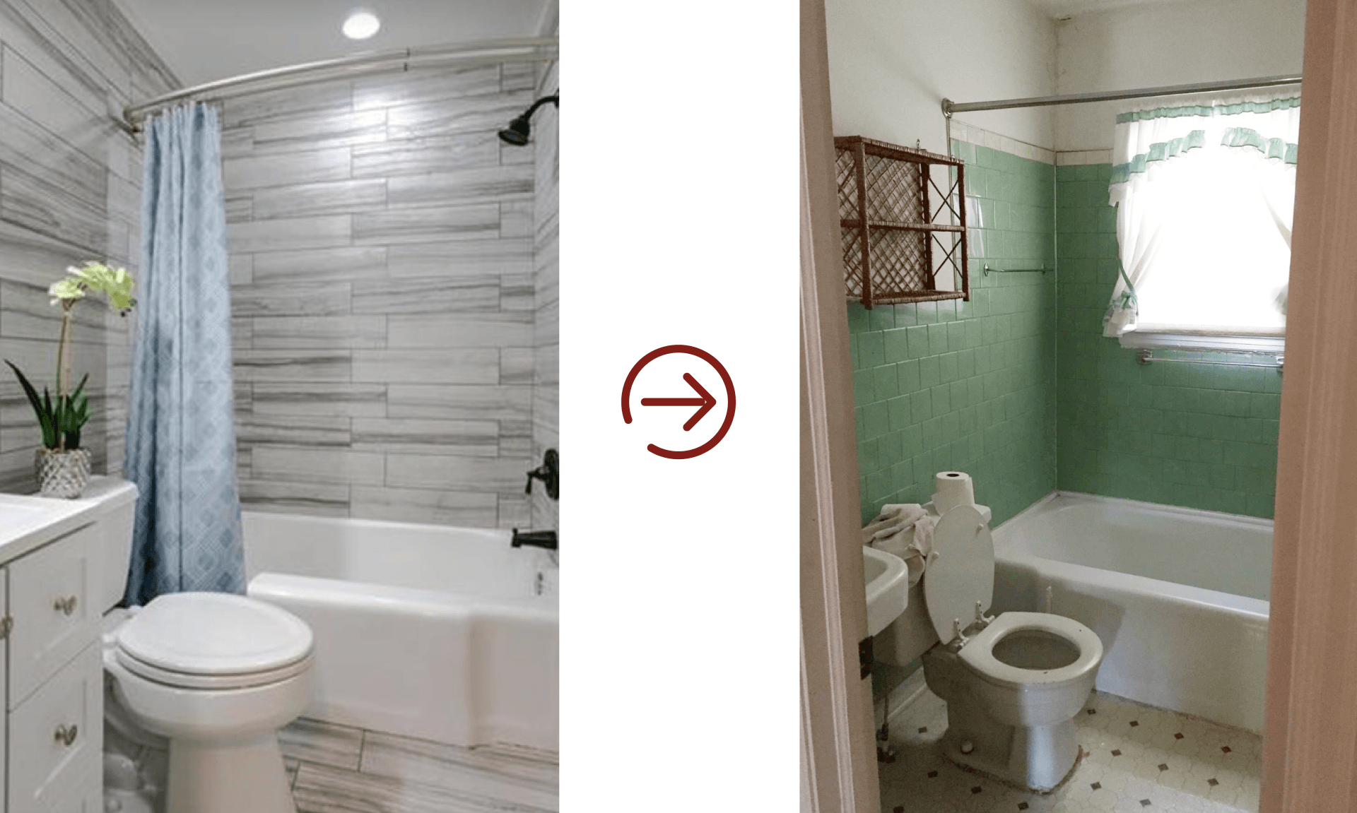 Bathroom before and after renovation: modern white and gray tiled bathroom versus dated green bathroom.