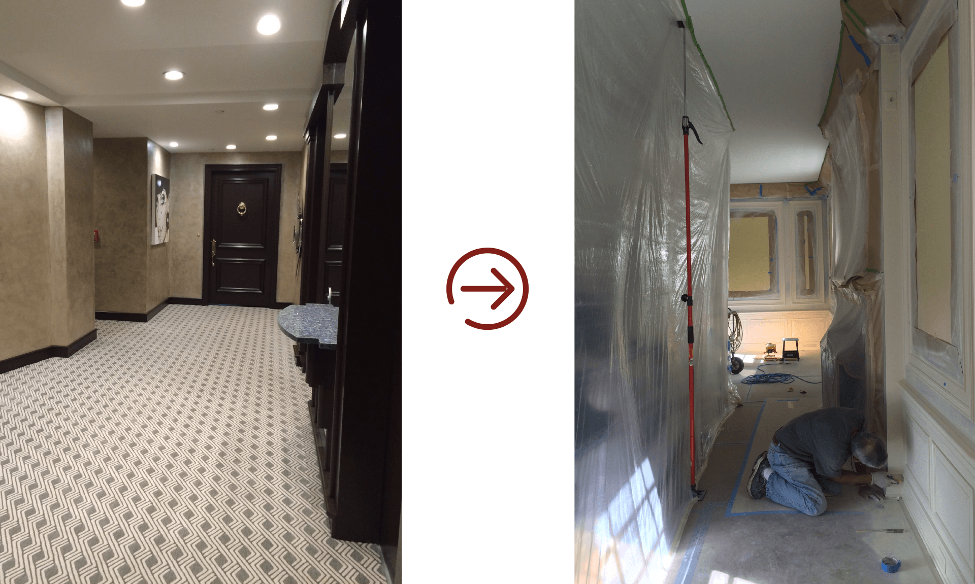 Hallway before and during renovation, carpeted floor, dark wood door, plastic sheeting. Man working.