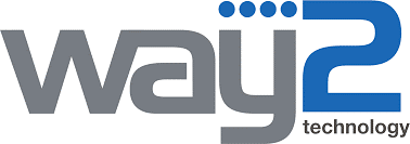 El logotipo de Way 2 Technology es gris y azul.