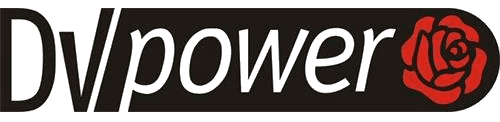 Un logotipo en blanco y negro para dv power con una rosa roja.