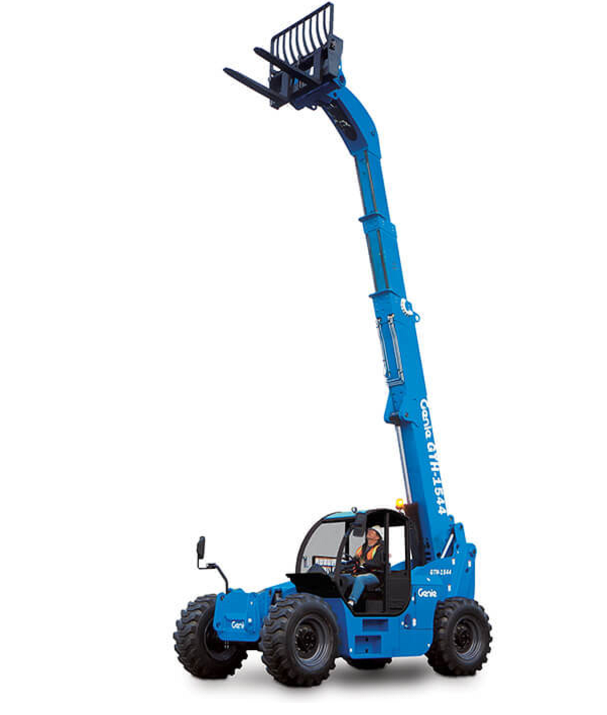 A blue forklift with a long arm is sitting on a white background.