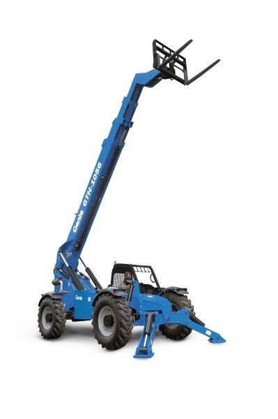 A blue forklift with a forklift attached to it on a white background.