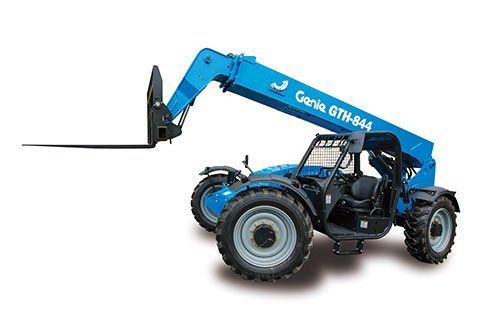 A blue forklift with a forklift attached to it on a white background.
