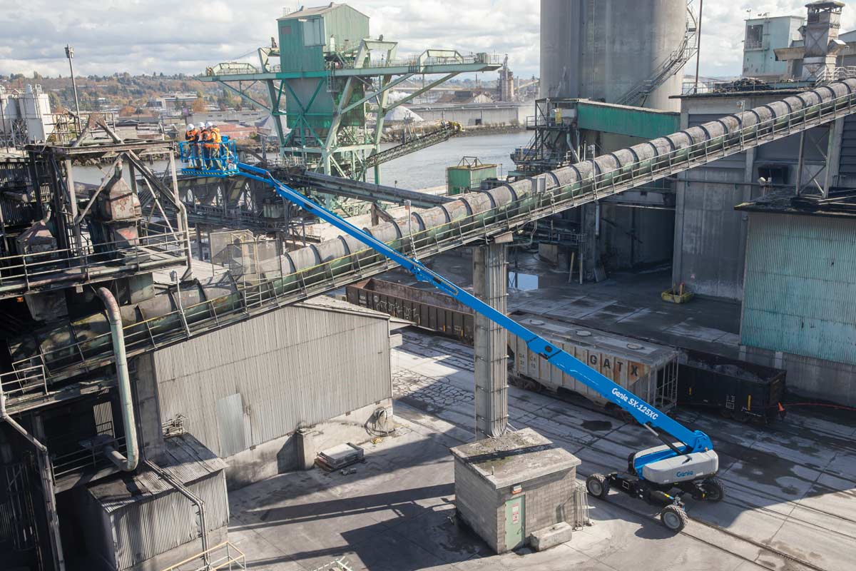 An aerial view of a crane in a factory.