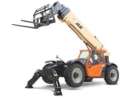 A telescopic forklift with a forklift attached to it on a white background.