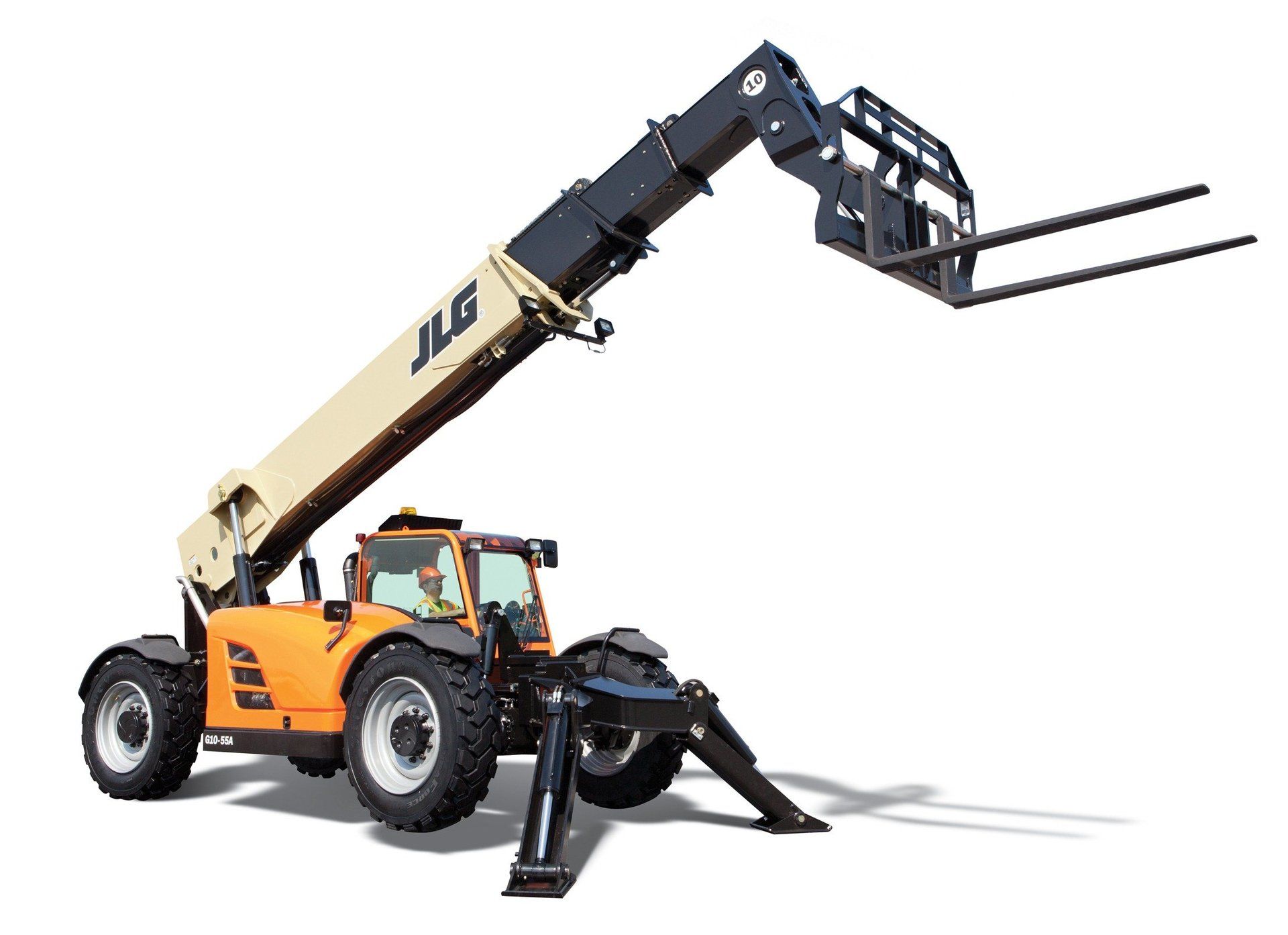 A jlg telescopic forklift is sitting on a white surface.