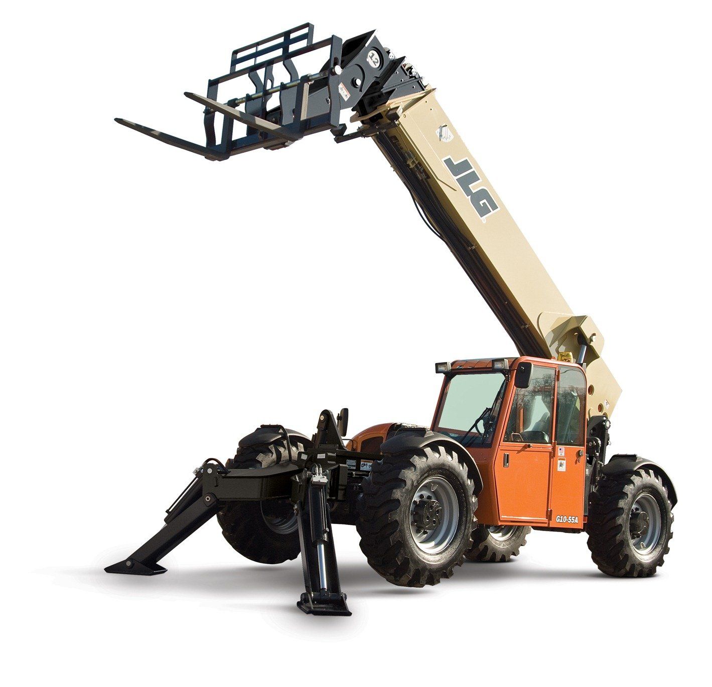 A jlg telescopic forklift is sitting on a white surface.