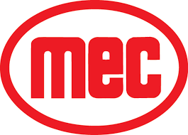 A red and white logo that says mec on it