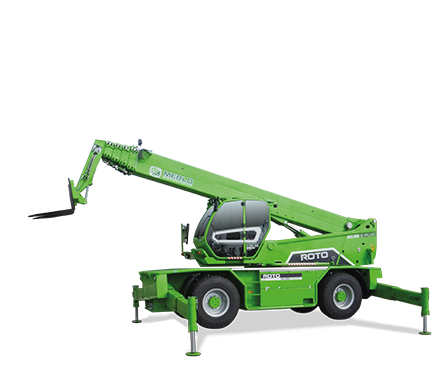 A green crane with a forklift attached to it on a white background.