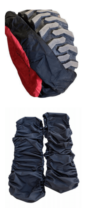 A tire and a pair of gloves on a white background