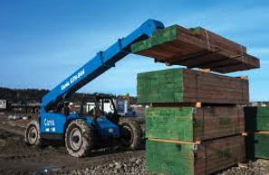 A blue forklift is lifting a stack of wooden boxes.