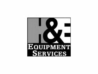 A black and white logo for h & e equipment services
