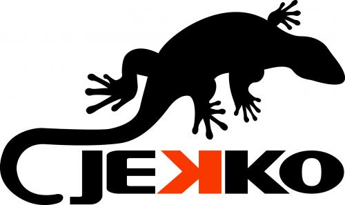 A black and orange logo with a lizard on it.