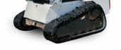 A close up of a bulldozer with black tracks on a white background.