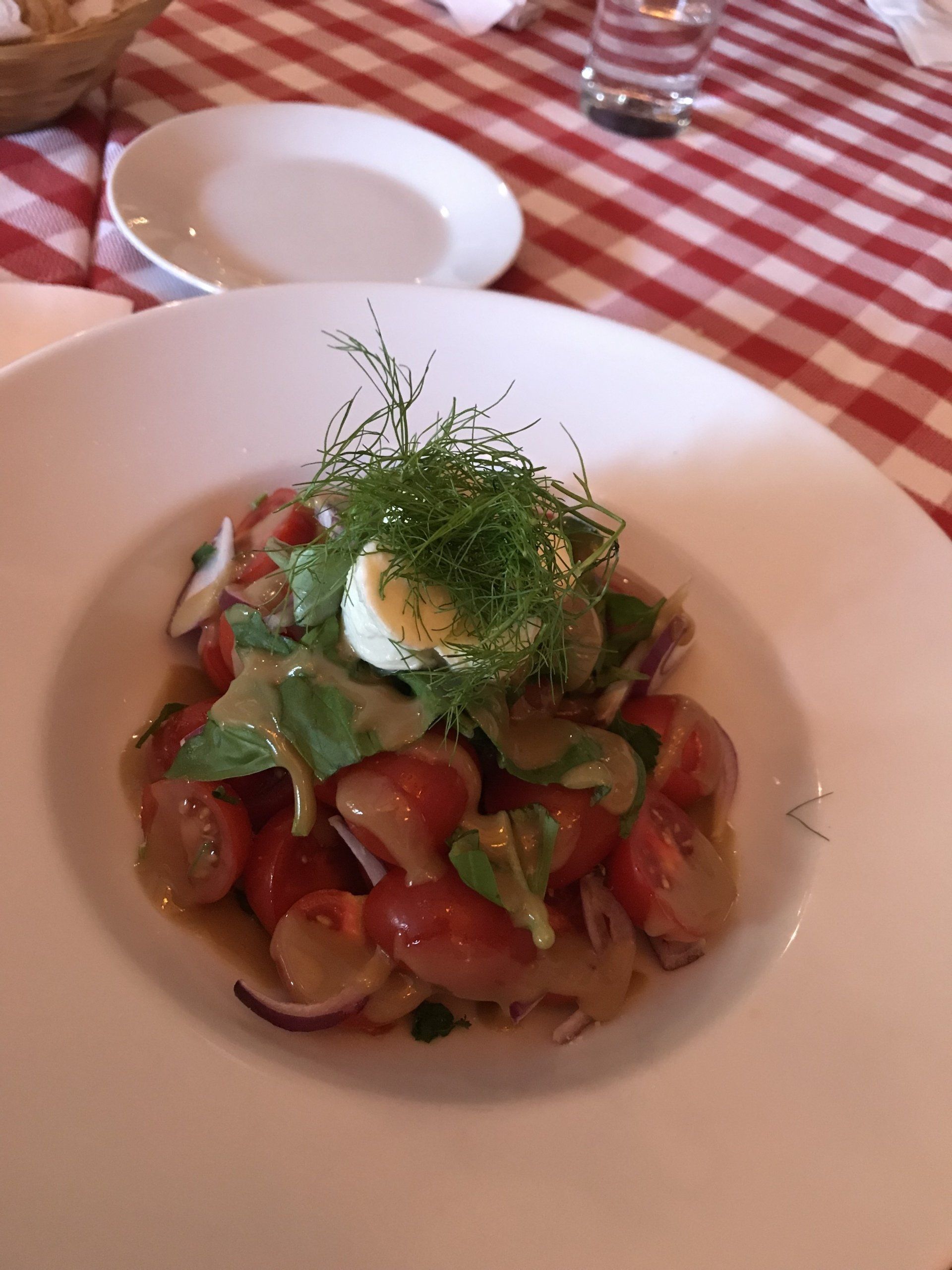 Ein Salat mit Tomaten, Zwiebeln und einem hartgekochten Ei auf einer karierten Tischdecke.