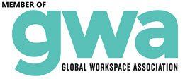 The logo for the global workspace association is blue and white.