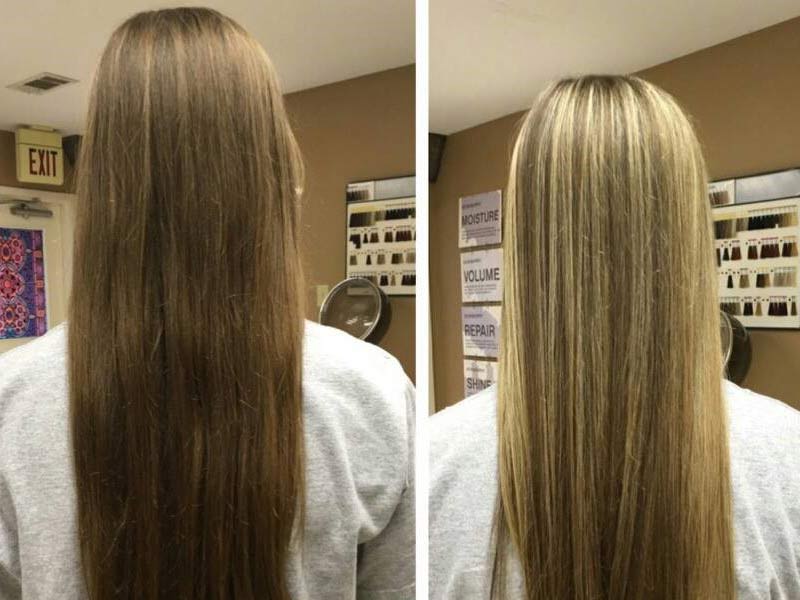 A before and after picture of traditional highlights. The before picture on the left shows a medium brown on long hair. The after picture on the right shows blond highlights with the same length of hair