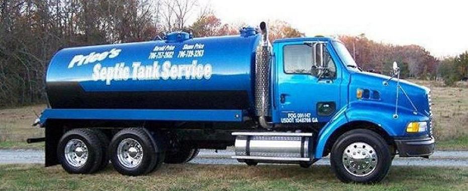 Blue septic tank truck on a grassy area, advertisement for 