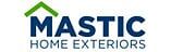 Mastic Home Exteriors logo featuring dark blue text with a green roof graphic above the first word.