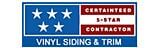 A rectangular logo featuring five white stars on a blue background next to the red-and-white text
