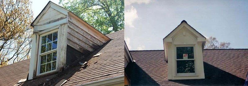 Before and after comparison of a roof dormer renovation showing a weathered wooden exterior replaced with new, clean trim.