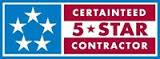 Certainteed 5 Star Contractor — General Contractor in Newport News, VA CertainTeed 5-Star Contractor logo featuring five white stars on a blue background next to text on a red and white stripe.
