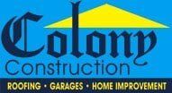 Colony Construction & Home Improvements, Inc. Logo for Colony Construction in dark blue text with a yellow roof graphic, listing roofing, garages, and home improvement.