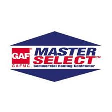 The GAF Master Select logo with blue and red text on a white background, denoting a certified commercial roofing contractor.