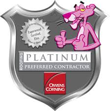 Owens Corning Preferred Contrator — General Contractor in Newport News, VA Owens Corning Platinum Preferred Roofing Contractor shield logo featuring the Pink Panther giving a thumbs up.