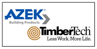 Logos for AZEK Building Products and TimberTech, featuring the brand names and the tagline: Less Work. More Life.