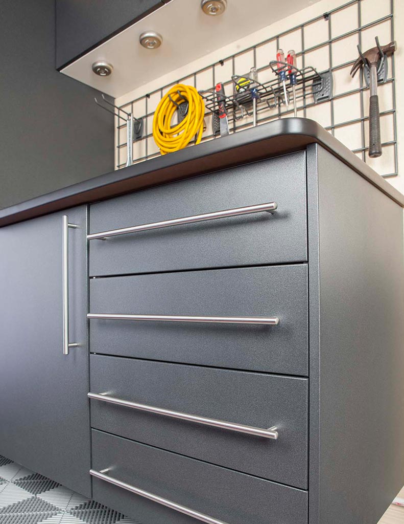 Granite Custom Garage Storage with Ebony Star Workbench Countertop