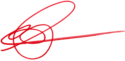 A close up of a red signature on a white background.