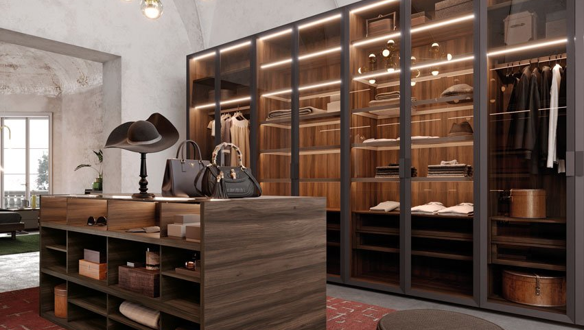 bespoke wardrobe with tinted glass hinged door for dressing room
