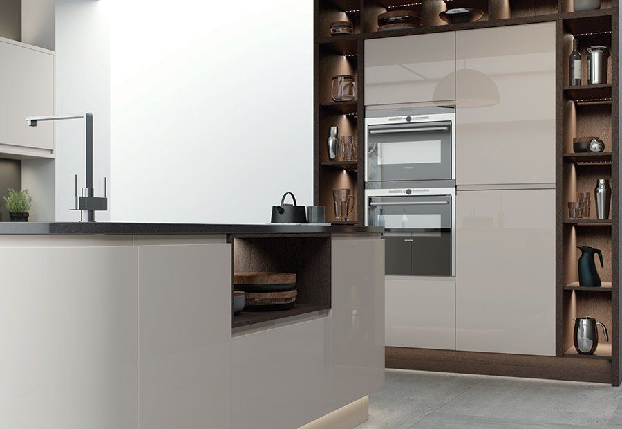 Strada gloss cashmere kitchen open shelving