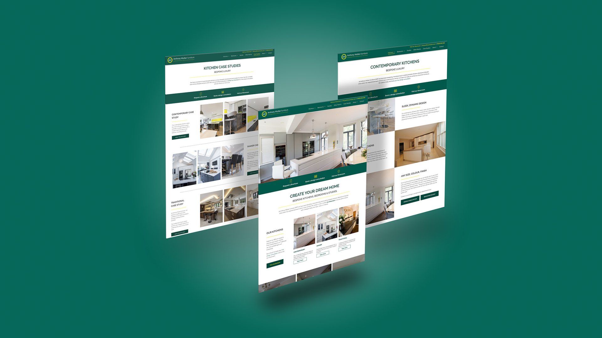 A bunch of screenshots of a website on a green background.