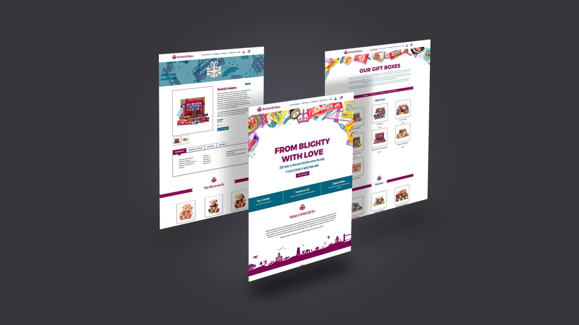Three pages of British Gift Box's website